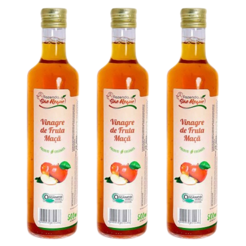 Kit 3 unidades Vinagre de Maçã Orgânico 100% Natural 4,2% Acidez – Fazenda São Roque – 500ml em Oferta na Shopee