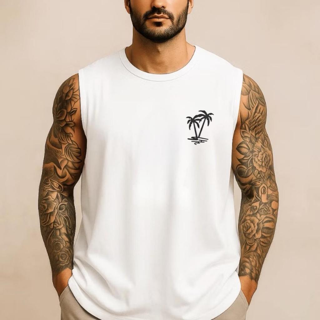 Regata Masculina Academia Algodão Coqueiro Mini 100% Estampada Premium Treino Casual Streetwear Verão Envio Imediato