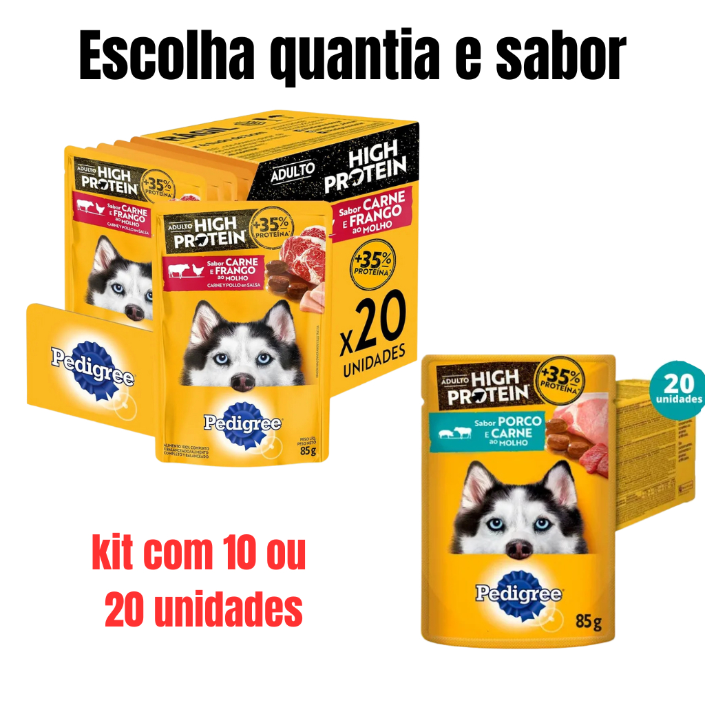 RAÇÃO ÚMIDA PEDIGREE SACHÊ HIGH PROTEIN 85G CÃES ADULTO KIT COM 10 UN e 20 UN