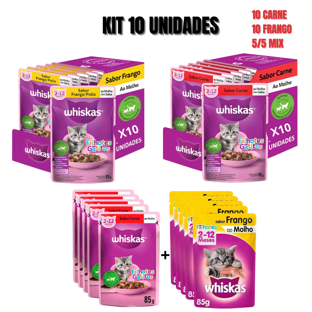 WHISKAS SACHÊ FILHOTES GATO 85G SABOR CARNE/FRANGO OU MIX KIT 10 UN em Oferta na Shopee