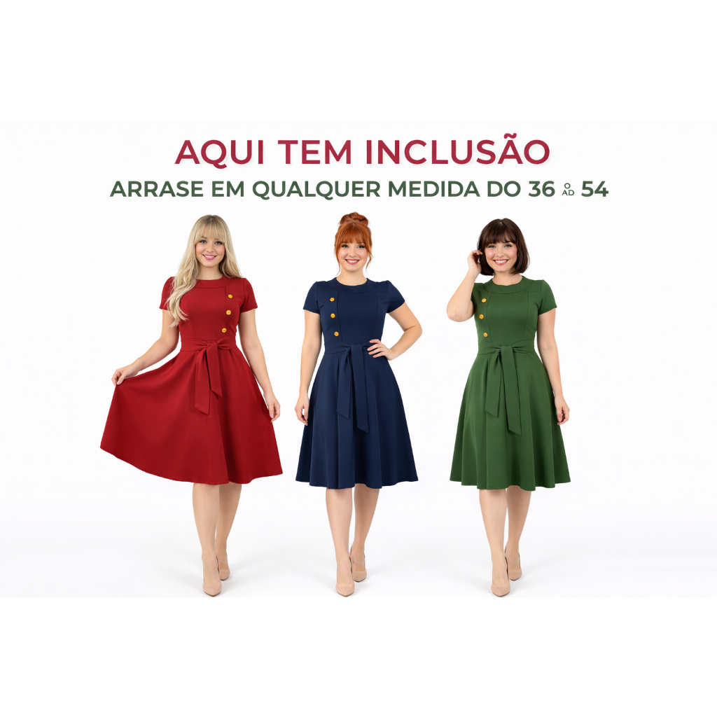 Vestidos Plus Size Evangélicos Midi Rodado Evasê Verde Com cinto e botões Fardamento e Congresso
