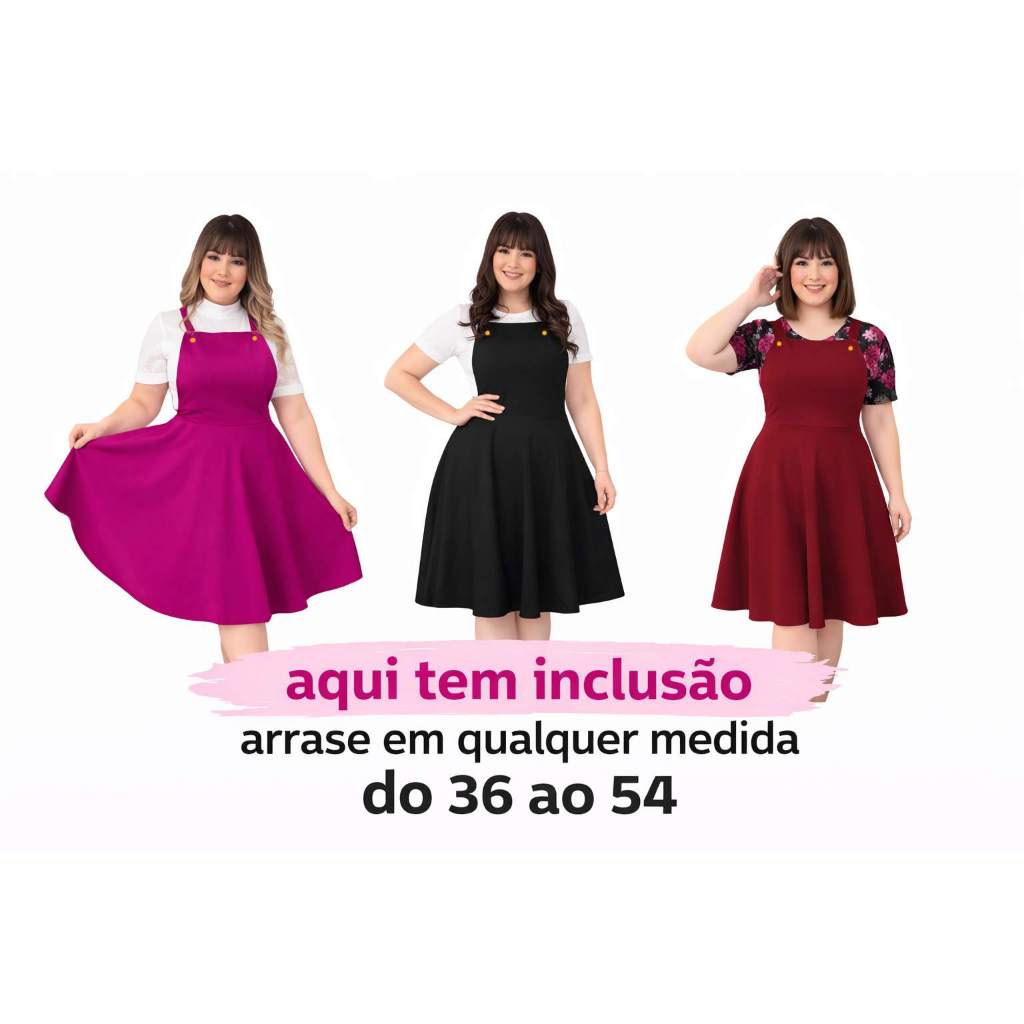 Vestidos Moda Evangélica Fardamento Jardineira Salopete Rodada Godê Plus Size