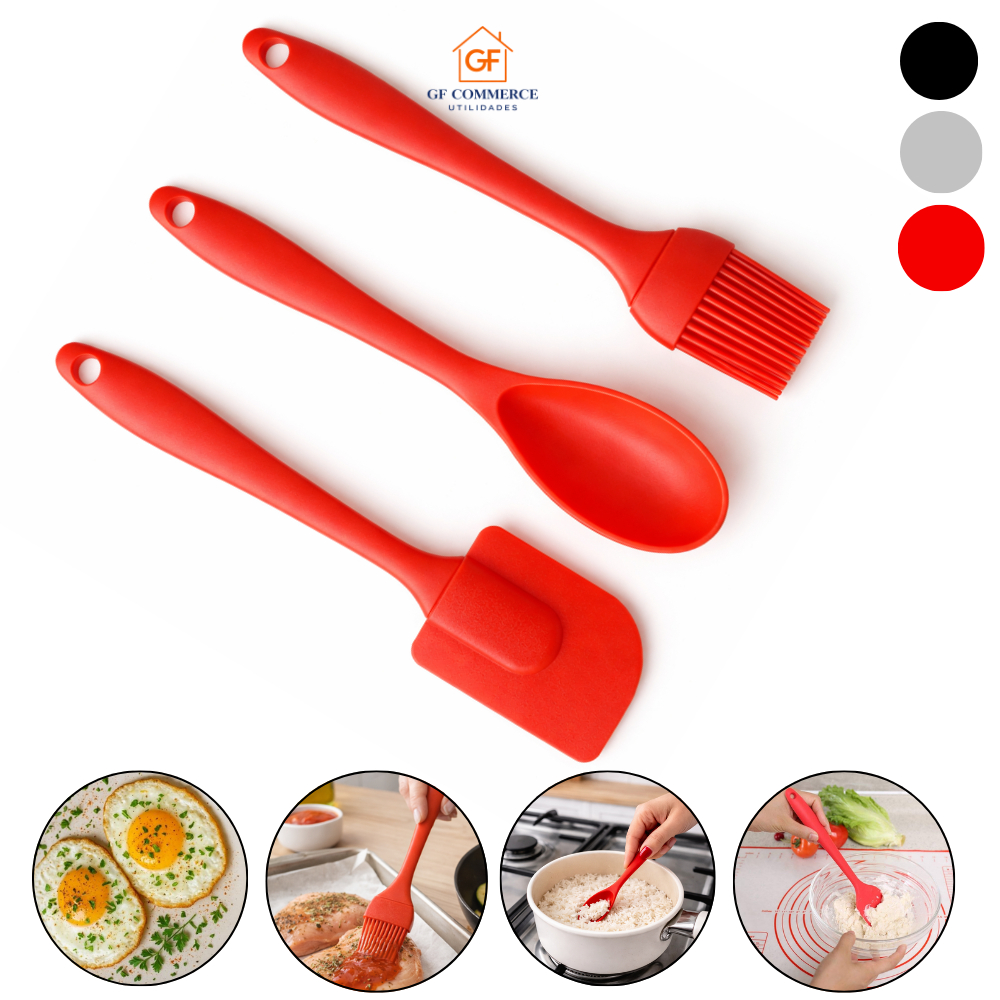 Kit Utensílios Cozinha Silicone 3 Peças Antiaderente (Espátula, Pincel e Colher) Resistente ao Calor, Não Risca a Panela