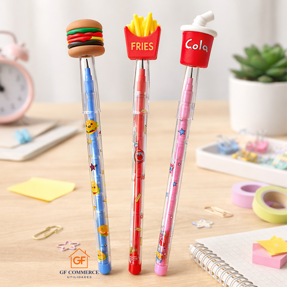 Kit 3 Lapiseiras Divertidas Fast Food - Hambúrguer, Batata Frita e Refrigerante Troca a Ponta Material Escolar