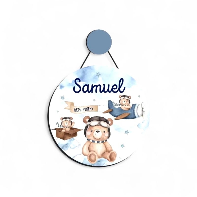 Enfeite Porta Maternidade Urso Aviador Aquarela, Ursinho Baby - Nome personalizado - GUIRLANDA