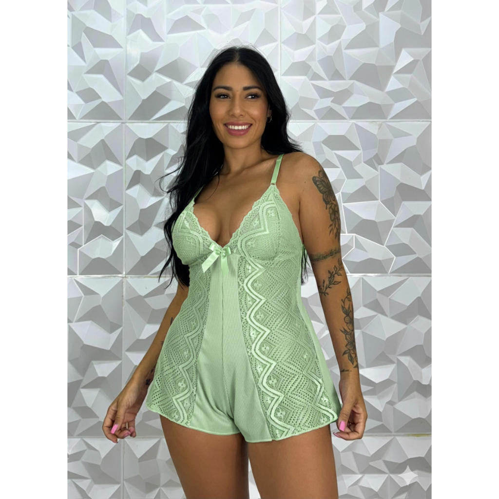 Macaquinho baby doll canelado sensual de renda curto com decote pijama sexy e confortável