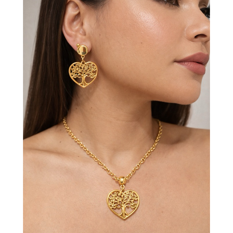 Colar e Brinco Coração Árvore da Vida folheado em Oferta na Shopee