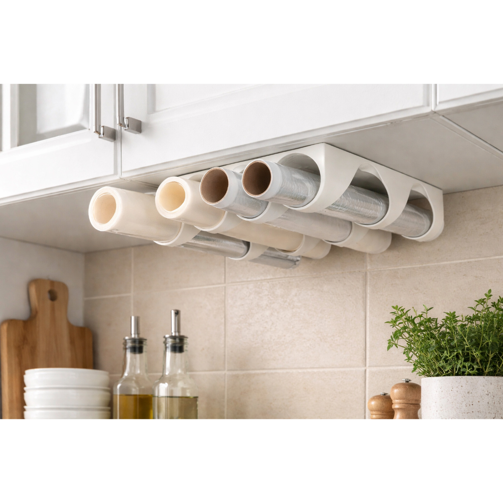 Suporte para 2 Rolos de Cozinha Autoadesivo 3M – Alumínio, Filme e Manteiga