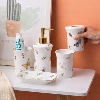 Kit Acessórios Banheiro Porta Sabonete Escova 5pçs Copos Porcelana Cerâmica Estampado Borboleta em Oferta na Shopee