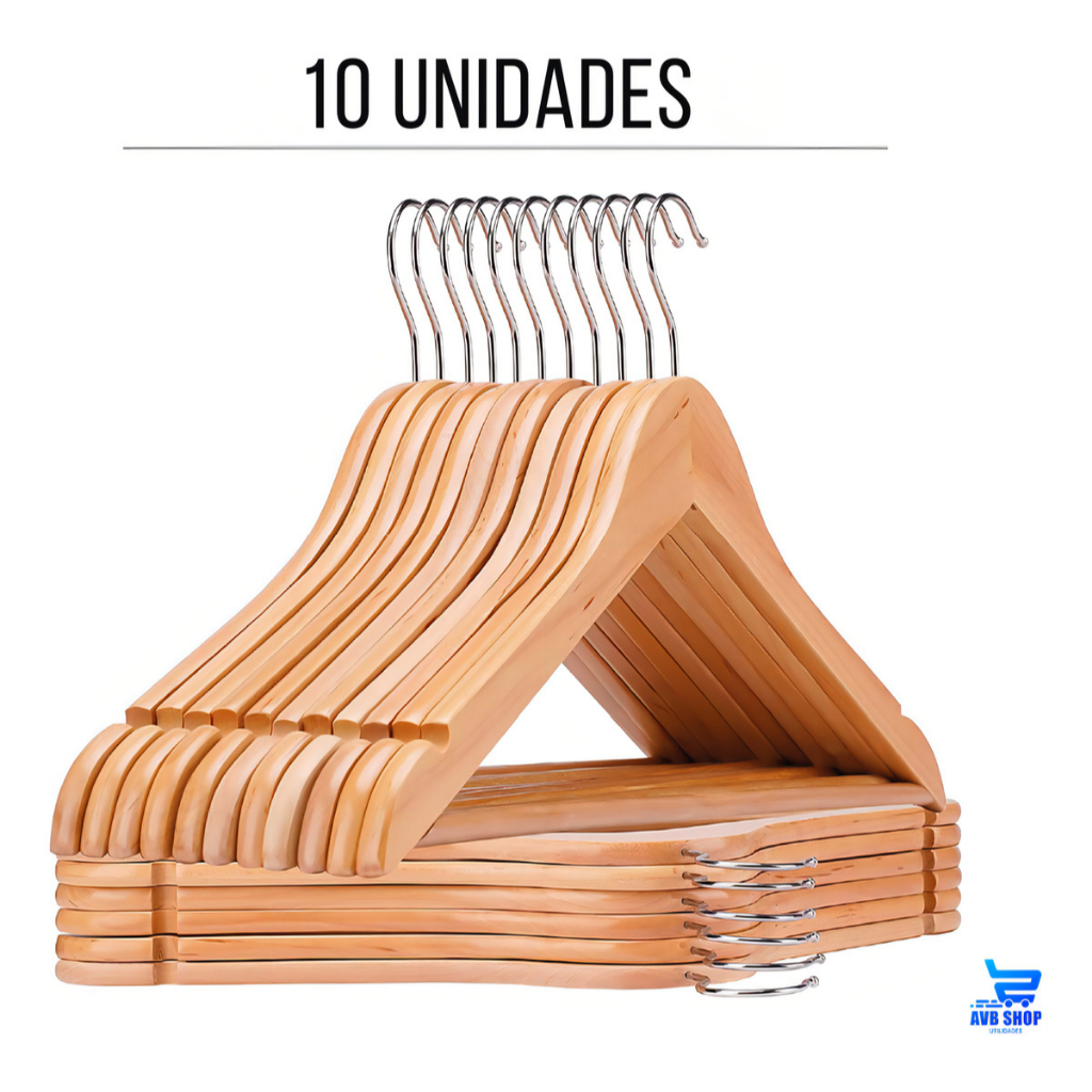 Kit 10 Cabide de Madeira Cabides Para Roupas Organizador Closet Calças Camisas Saias Atacado Premium
