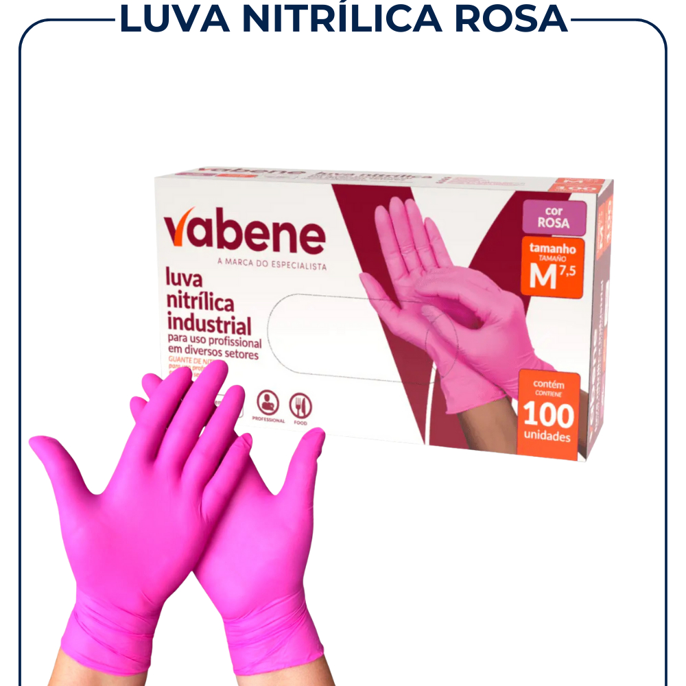 Luva Nitrilica Rosa Descartavel Sem Po Resistente Vabene 100 Unidades