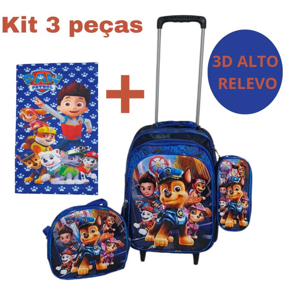 Mochila Escolar Patrulha Canina Menino 3D com Carrinho + Lancheira Estojo Toalha Infantil