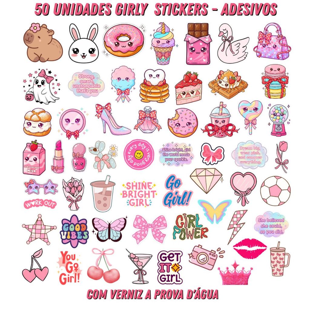 50 Adesivos DTF UV Girly Pink Aesthetic Stickers Cute Feminino Planner Caderno Copo Celular