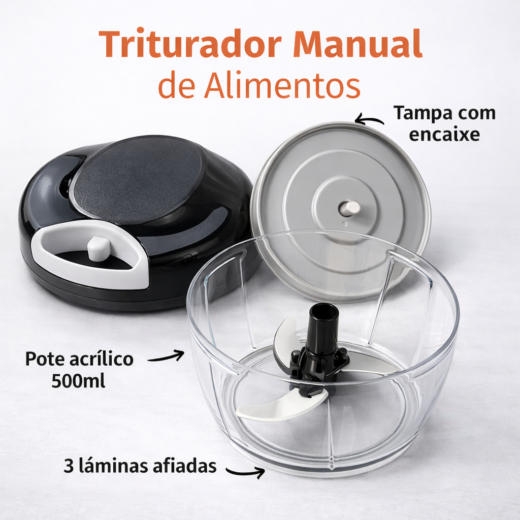Triturador Manual de Alimentos Processador Alho Legumes Frutas 500ml – 3 Lâminas Portátil