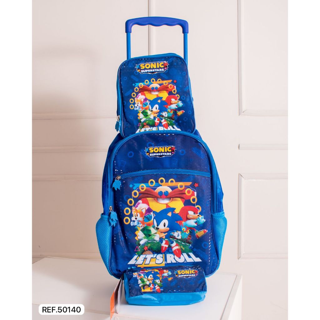 KIT MOCHILA CARRINHO ORIGINAL ESCOLAR SONIC 50140 ESCOLA DIA A DIA ESTOJO LANCHEIRA
