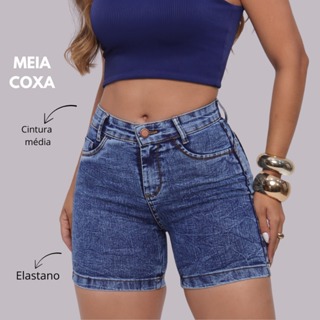 Short Meia Coxa Jeans Marmorizada Com Elastano Estilosa em Oferta na Shopee