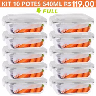 Kit 10 Potes de Vidro Hermético Retangular 640ml Marmita Microondas Freezer Forno em Oferta na Shopee