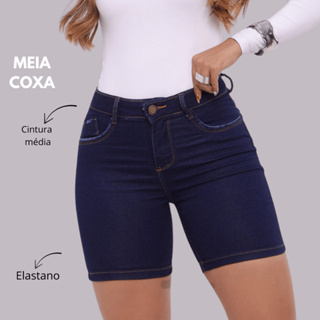 Short Meia Coxa Jeans ELASTANO EscuraTradicional Com Puido em Oferta na Shopee