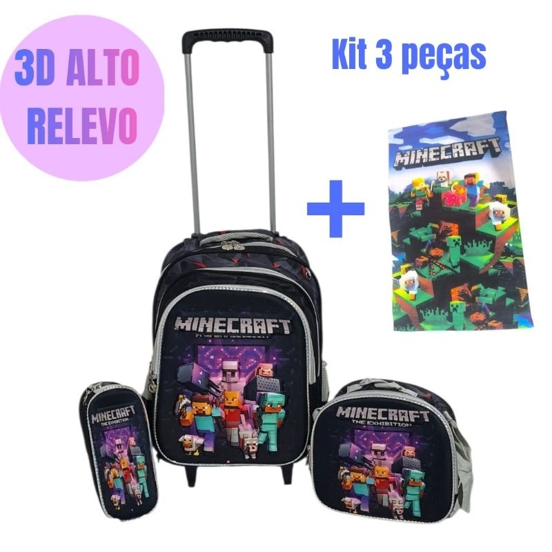 Mochila Escolar Minecraft Infantil 3D Alto Relevo com Rodinhas + Lancheira e Estojo