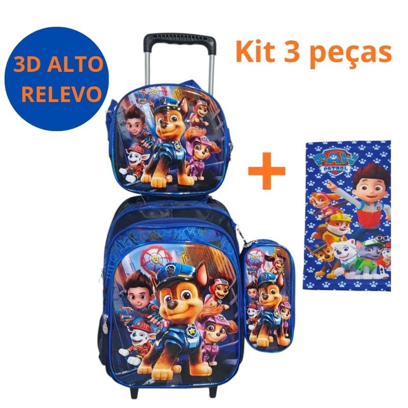 Mochila Escolar Infantil Patrulha Canina 3D alto relevo Kit Completo com Lancheira Estojo e Toalha