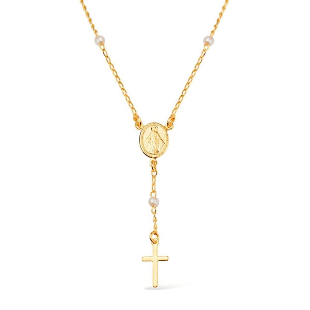 Colar Dourado Religioso Terço com Cruz e Pérolas 50cm | Semi Jóia Ouro 24K Antialérgica