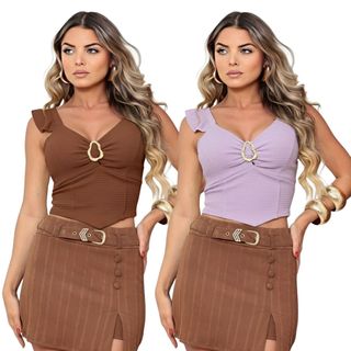 Cropped Top Kit com Bojo Barra Triangular e Alça Franzido Tecido Premium Moda verão