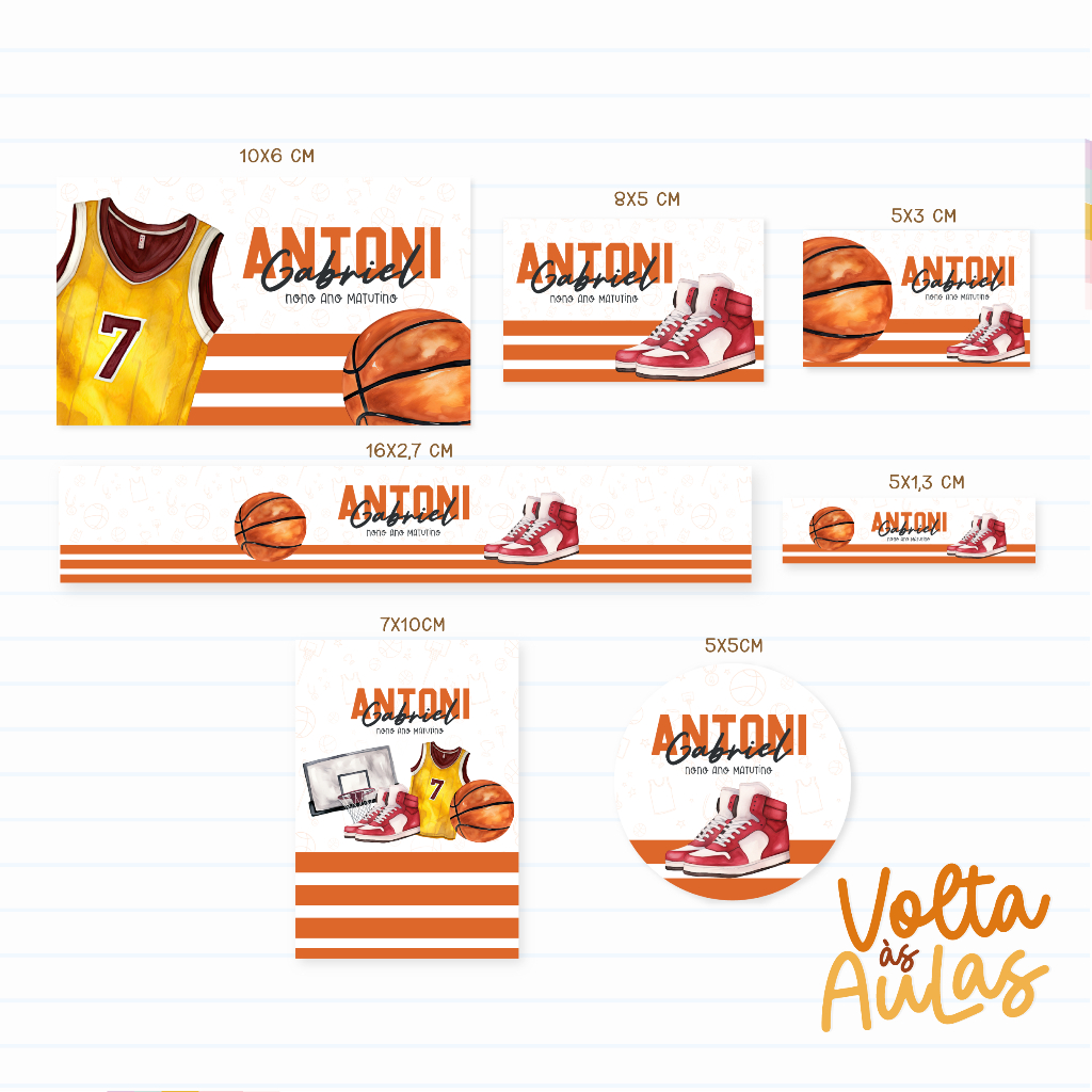 Kit Etiqueta Escolar Basquete Basket Ball Esporte Personalizada Com Nome Volta As Aulas