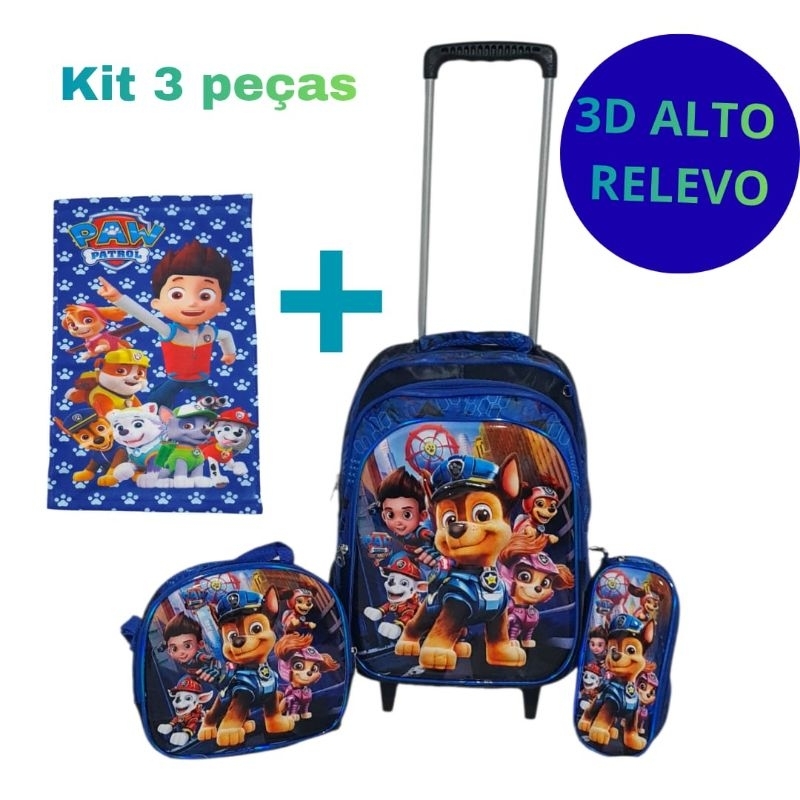 Mochila 3D alto relevo Patrulha Canina Infantil Escolar Kit Completo Lancheira Estojo Toalha