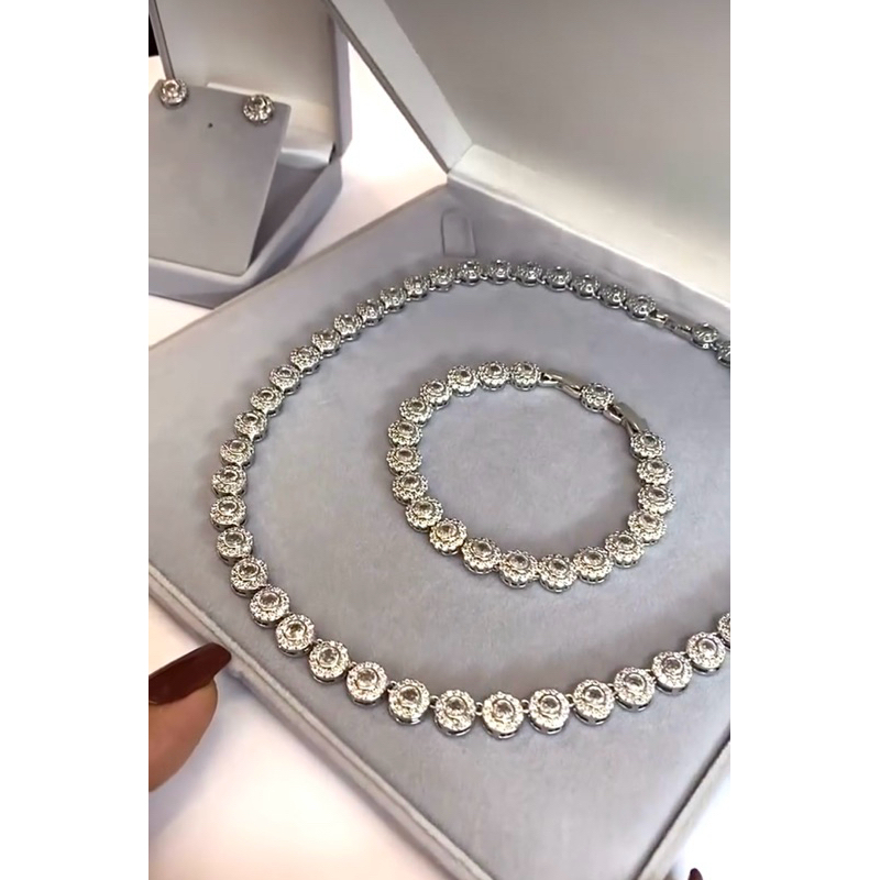 Colar Angelic Conjunto Completo Pulseira e Par de Brincos Prata Banho de Ródio Semijoia Feminina