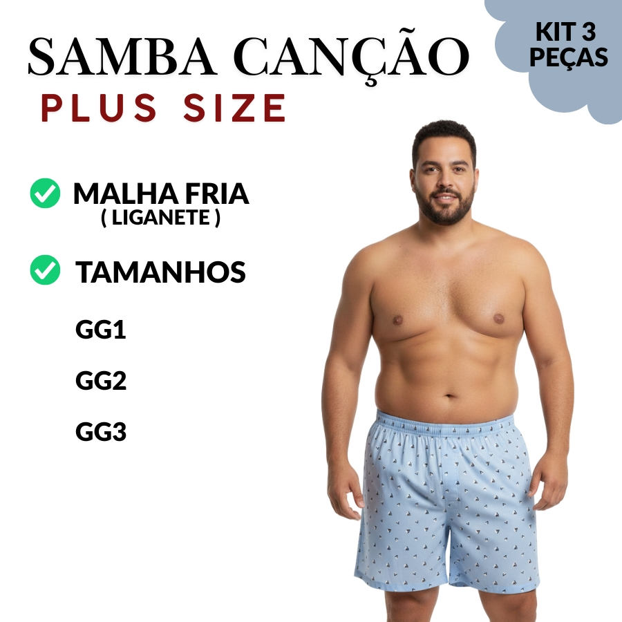 Cueca Samba Canção Liganete Plus Size Masculina Kit 3 peças Leve Confortável Toque Gelado Pijama Dormir Verão Premium