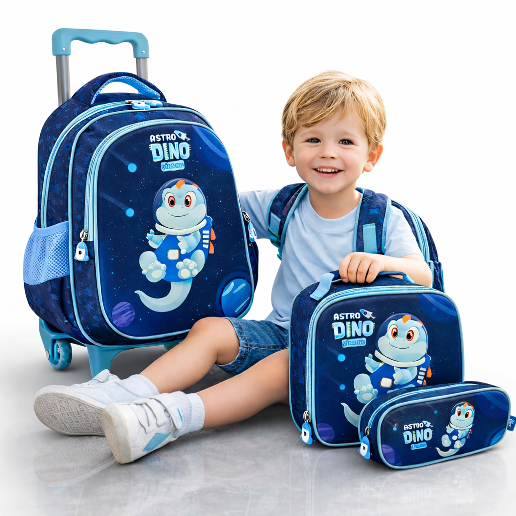 Kit Mochila Infantil Dinossauro Astro Dino Lancheira Estojo Escolar Astronauta Criança Completo Top! em Oferta na Shopee