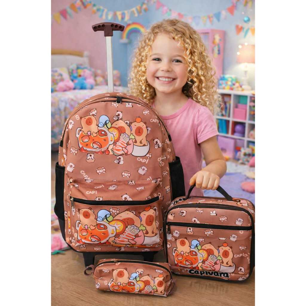 KIT CAPIVARA Mochila Escolar Juvenil com Rodinhas Impermeável + Lancheira térmica mais estojo