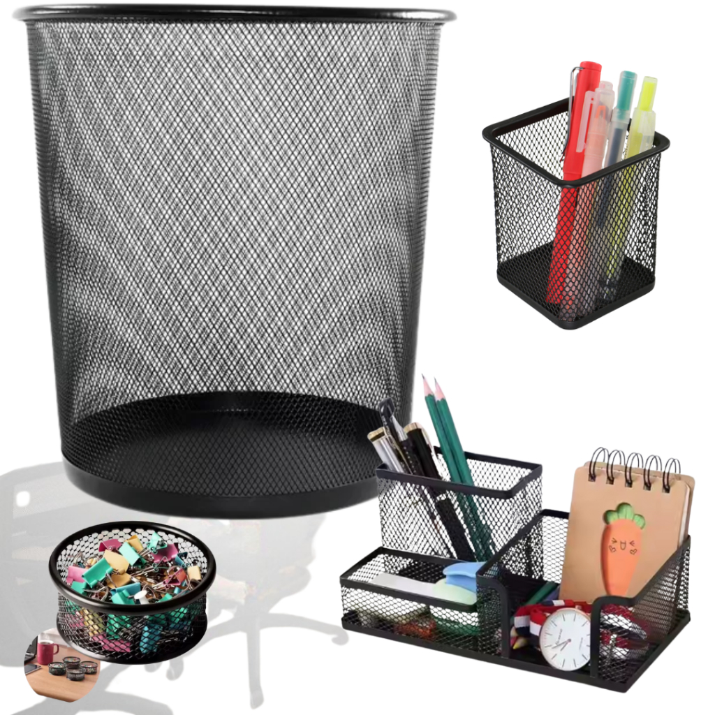 Kit Escritório Organizador Porta Caneta Lixeira de Metal Porta Treco 4 Divisórias Clips Home Office em Oferta na Shopee