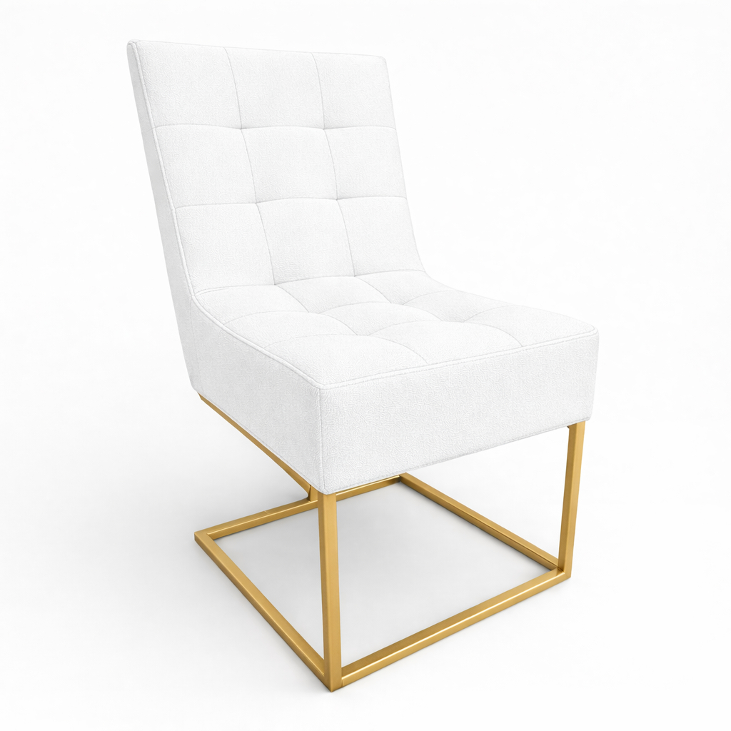 Poltrona Cadeira Mesa de Jantar Base Metálica Dourada Design Moderno Conforto Minimalista Base Industrial
