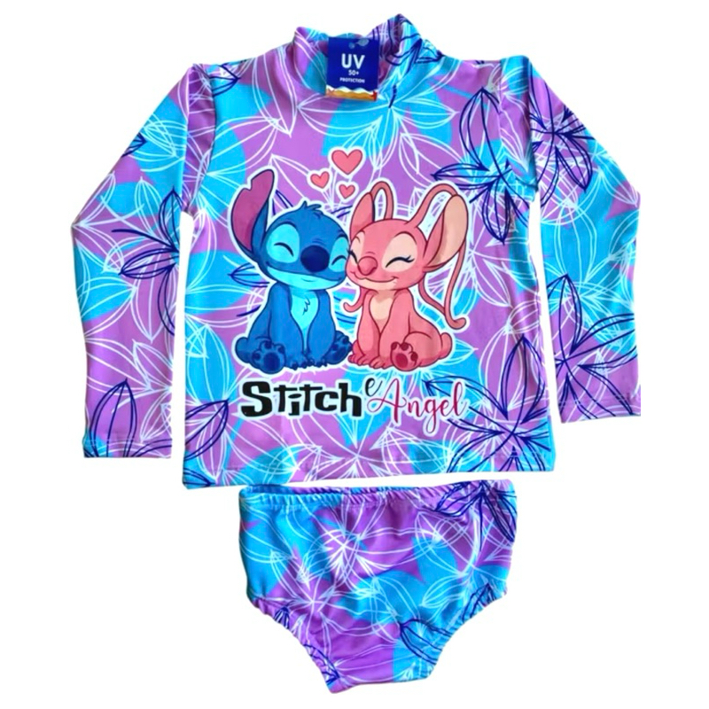 Kit UV Conjunto Camisa Manga Longa + calcinha de biquíni Stich Com Proteção Solar UV50+ Moda Praia/cachoeira/piscina
