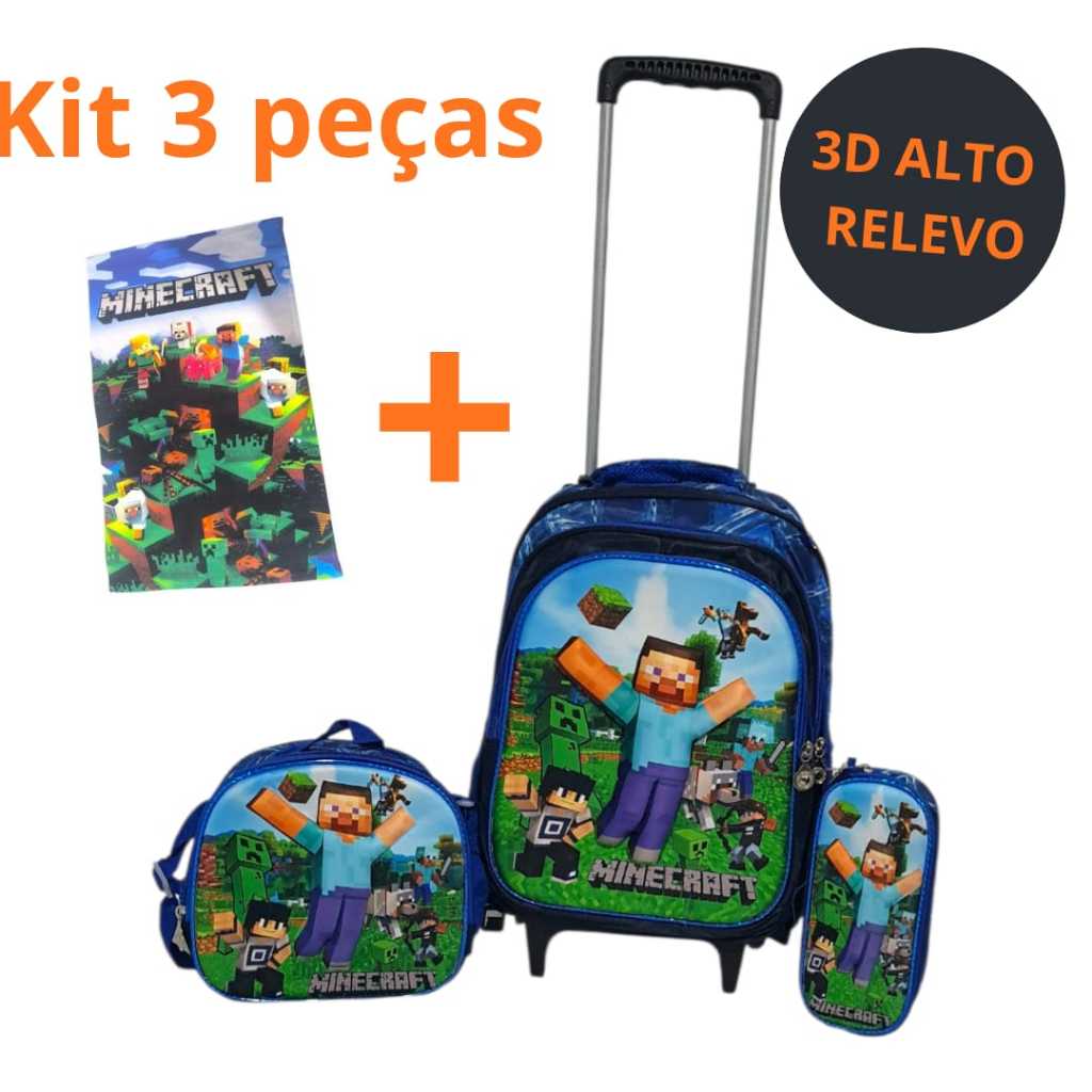 Kit Mochila Infantil Minecraft 3D Alto Relevo com Carrinho + Lancheira Estojo Toalha Escolar