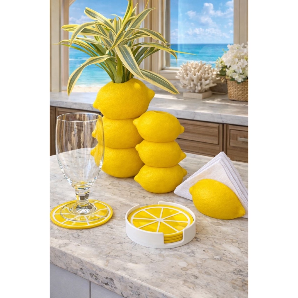 Kit Limão Siciliano Decorativo com 2 Vasos + 4 Descansos De Copos e 1 Porta Guardanapo Impressão 3D