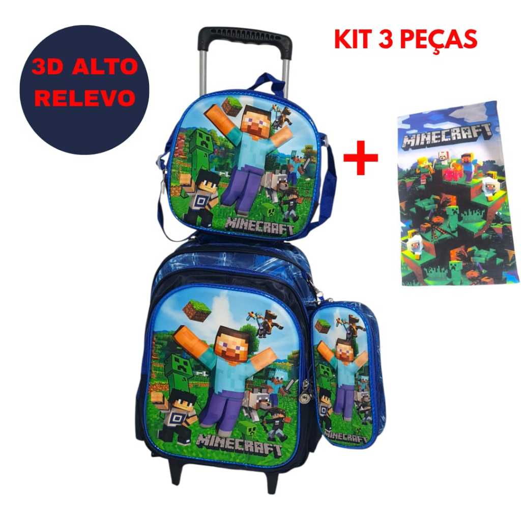 Mochila Infantil Minecraft 3D Alto Relevo com Rodinhas + Lancheira Estojo Toalha