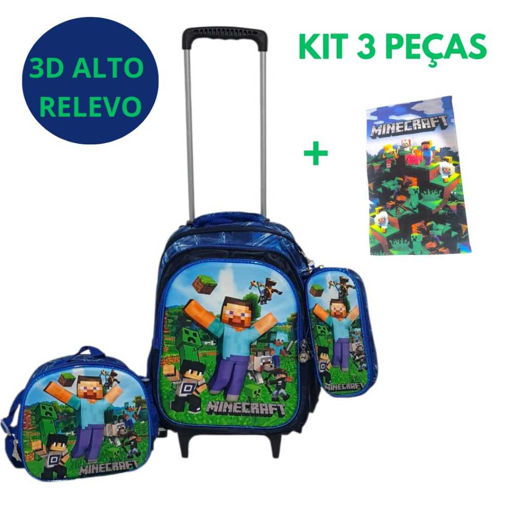 Mochila Escolar Infantil Minecraft 3D com Rodinhas + Kit Completo Lancheira Estojo Toalha