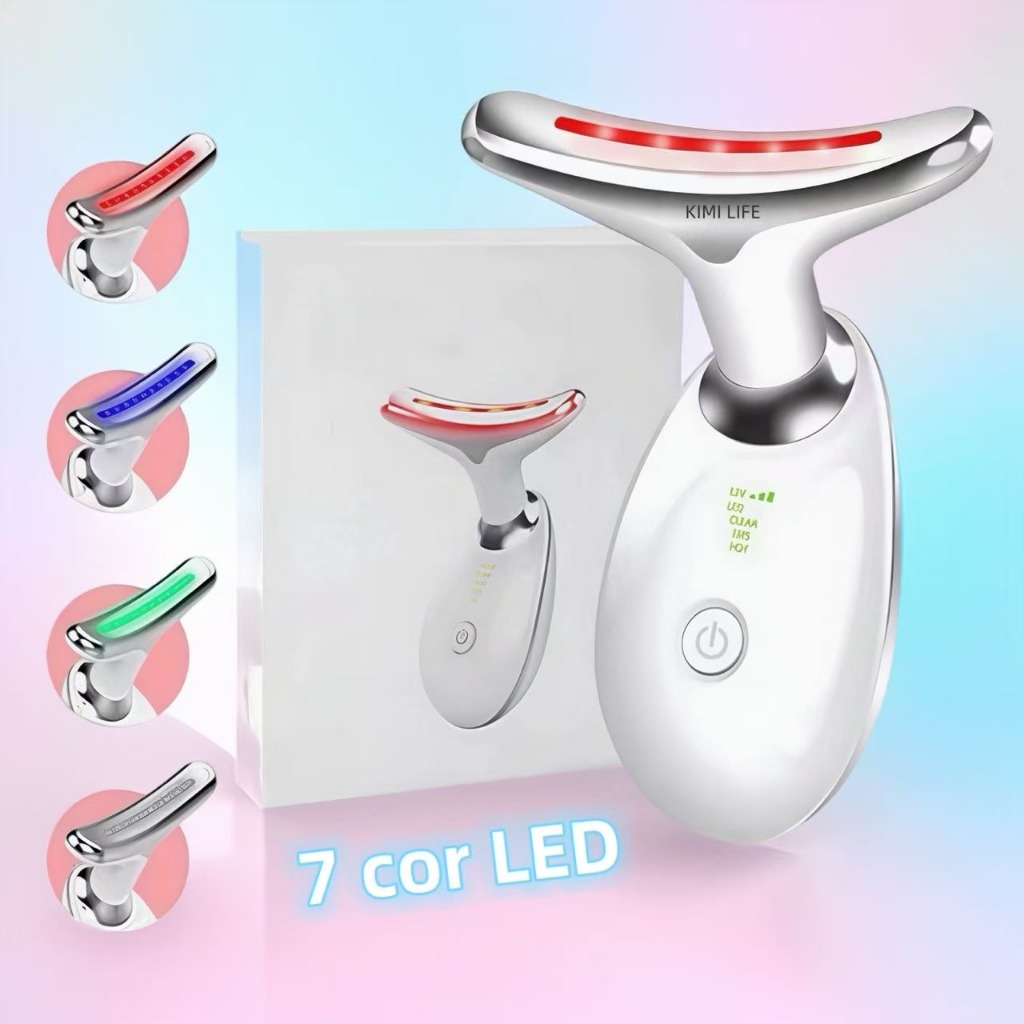 Massageador Facial LED 7 Cores – Modos, Aparelho Anti-Rugas para Rosto e Pescoço, Tratamento Estético Vibratório com Luz