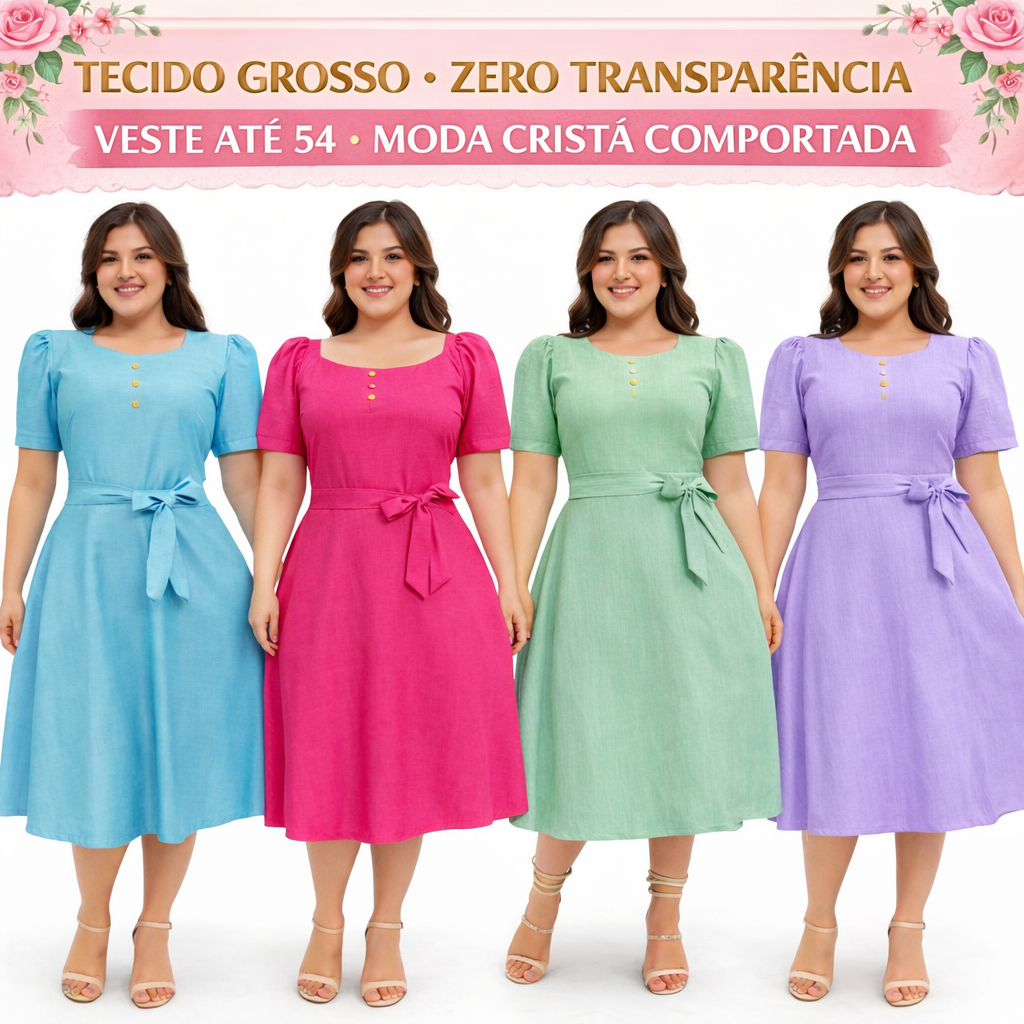 VESTIDO PLUS SIZE MIDI COM CINTO MANGA PRINCESA MODA EVANGÉLICA RODADO PREMIUM PINK VERDE BANDEIRA LILAS(Mariah)