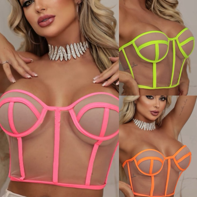 Corsele Carnaval Tule Corselet Top Cropped Fantasia Tomara que caia Neon Moda Balada Moda Festa