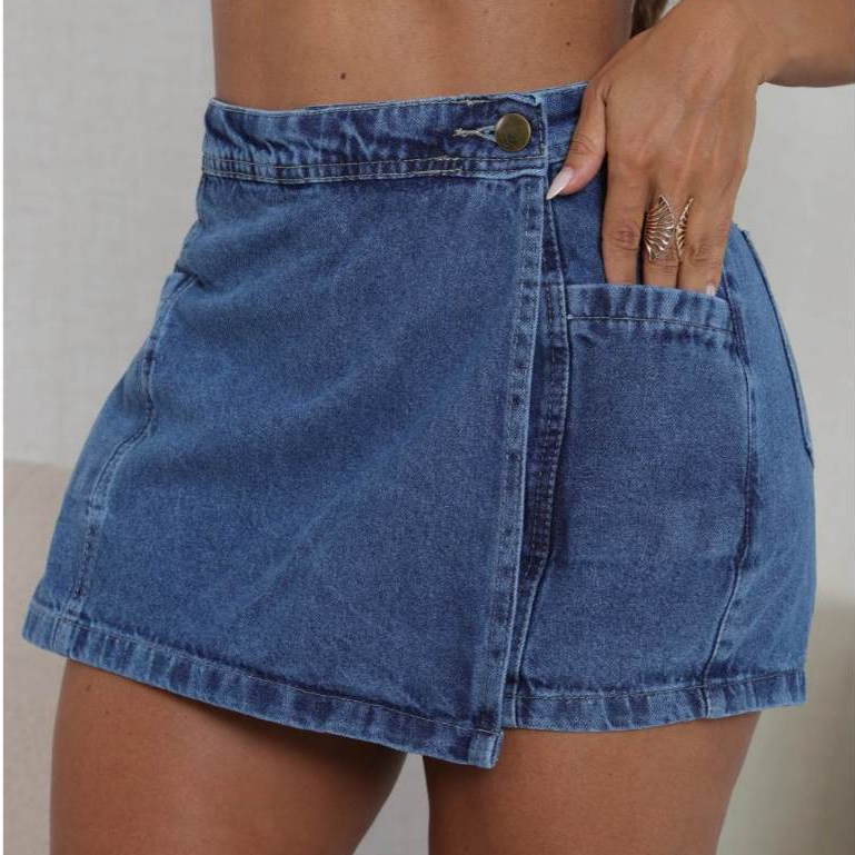 Shorts Saia Feminino Transpassado 100% Algodão Moda Blogueira Shorts Saia Jeans Moda Gringa Saia Envelope