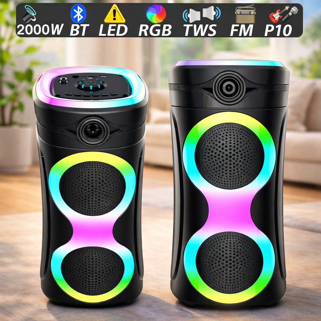 Caixa de Som Bluetooth Portátil 2000W PMPO Potente com LED RGB/Microfone/USB/SD/Aux e Karaokê
