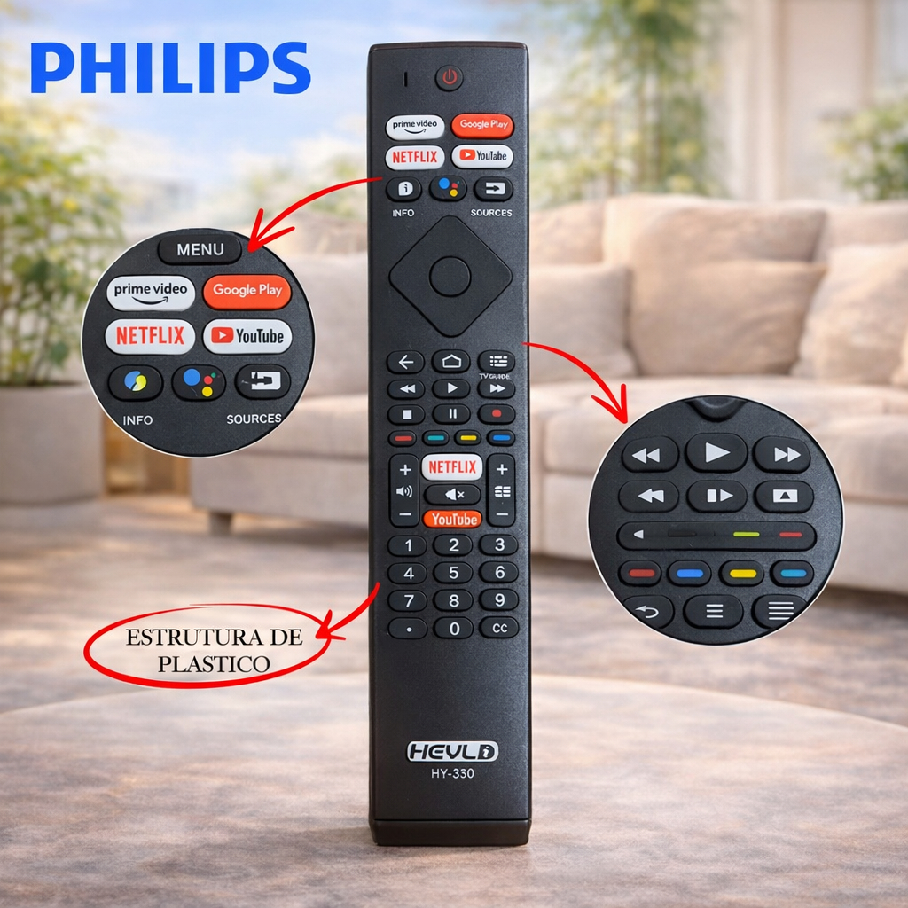 Controle remoto PHILIPS para SMART TV / NETFLIX, YOUTUBE, PRIME VIDEO, GOOGLE PLAY / HY-330