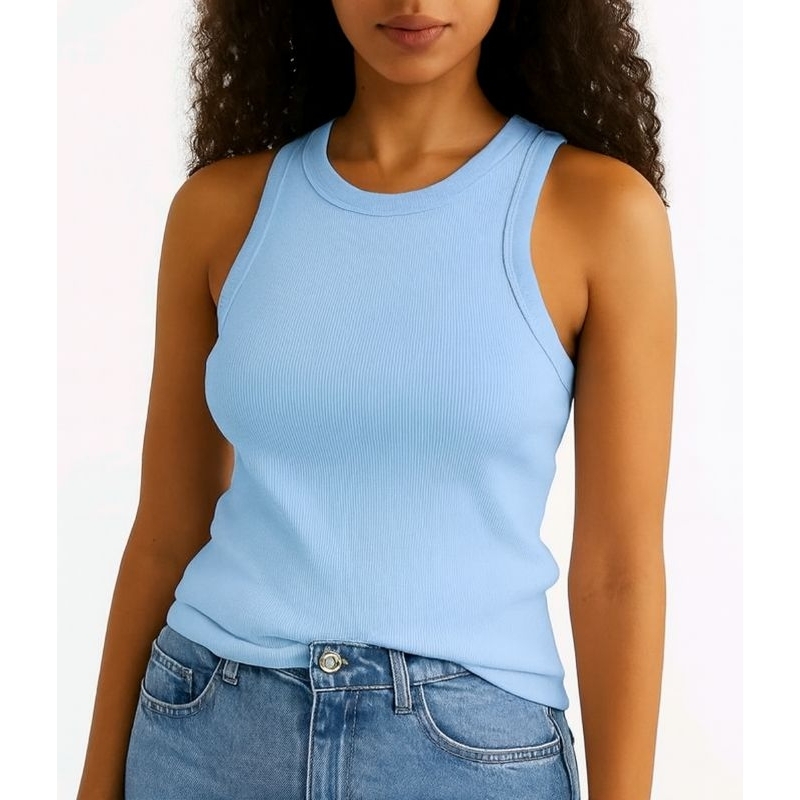 Regata Feminina Ribana Canelada Poliéster e Elastano Básica Moda Casual Verão M G GG
