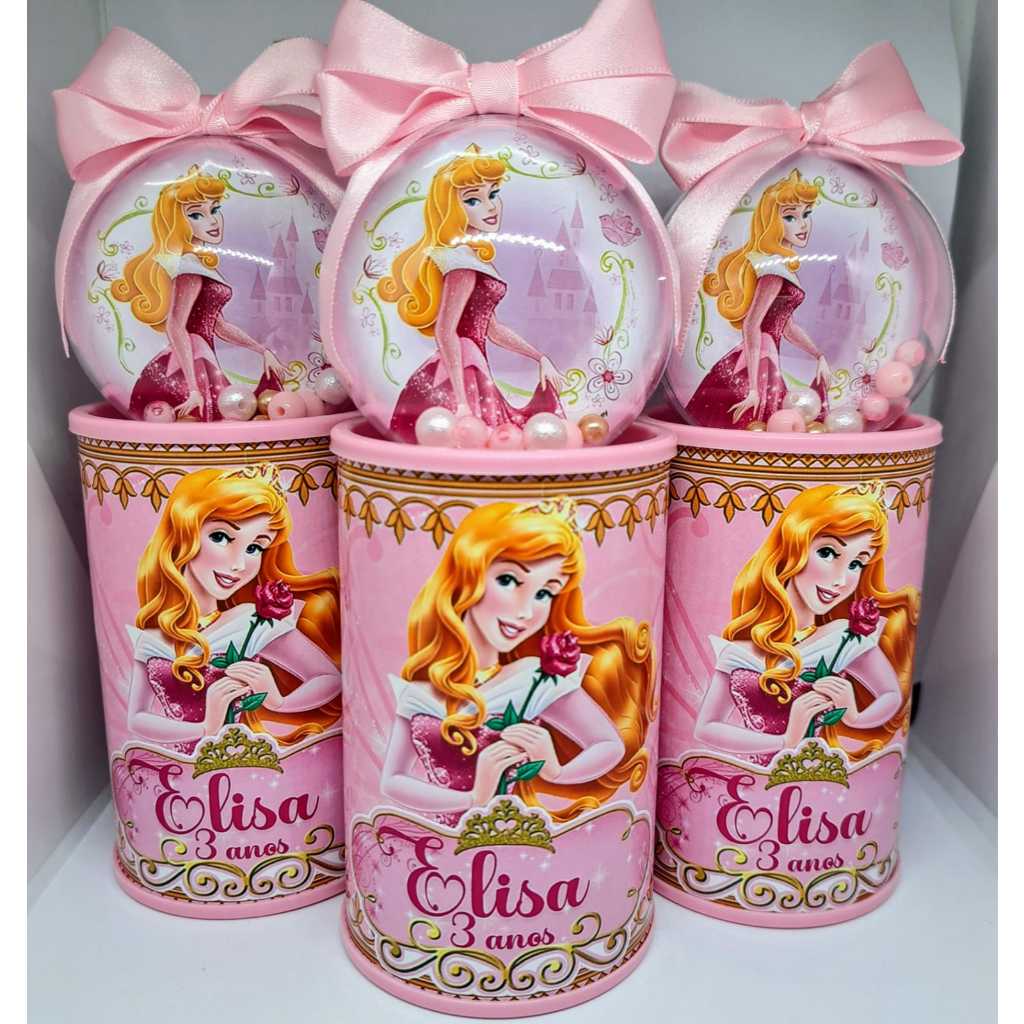 Cofrinho Personalizado Princesa Aurora + Esfera com Tag + Laço. Lembrancinha de Festa em Oferta na Shopee