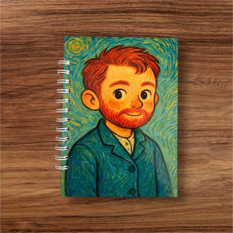 Sketchbook (caderno de desenhar/caderno de anotações/rascunhos) em tamanho A5 Van Gogh, Frida, Mona Lisa e Moça Brinco