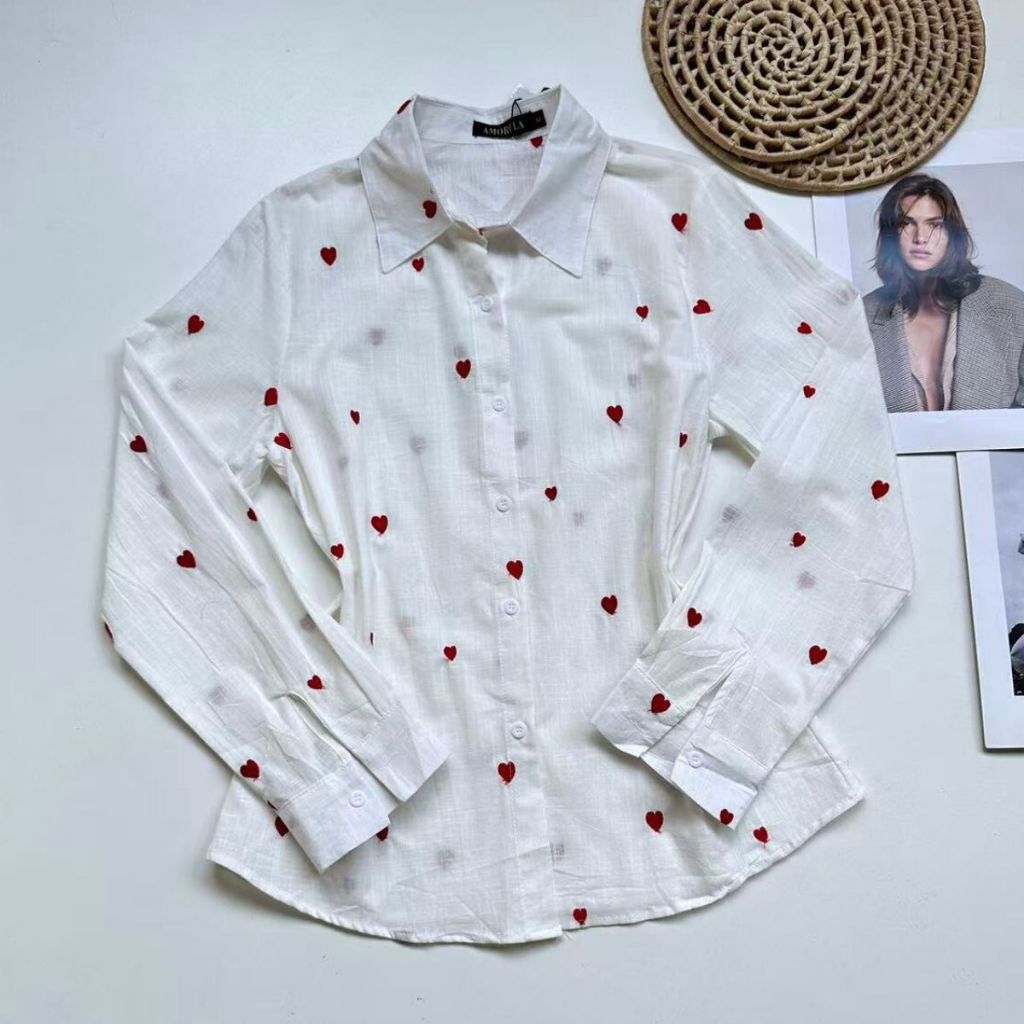 Camisa Feminina Manga Longa Branca em Linho Estampada de coração Estilo Casual Fofo Primavera Verão em Oferta na Shopee