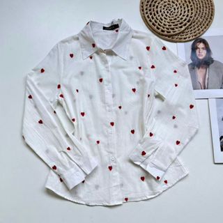 Camisa Feminina Manga Longa Branca em Linho Estampada de coração Estilo Casual Fofo Primavera Verão em Oferta na Shopee